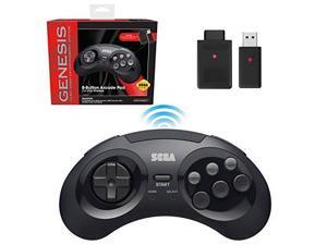 retrobit sega genesis 2.4 ghz wireless controller 8button arcade pad for sega genesis original/mini, switch, pc, mac  includes 2 receivers & storage case  black
