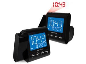 Magnasonic Projection Alarm Clock with AM/FM Radio, Battery Backup, Auto Time Set, Dual Alarm, Sleep Timer, Indoor Temperature/Day/Date Display with Dimming & Audio Input for Smartphones - 2 Pack