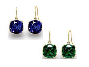 14KT Gold Over Sterling (2 Pairs) 4.00 CTW Created Sapphire and Created Emerald Cushion Cut Drop Earrings 14KT Gold Over Sterling (2 Pairs) 4.00 CTW Created Sapphire and Created Emerald Cushion Cut Drop Earrings
