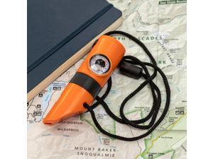 7 in 1 Survival Whistle Multi-Case with LED Flashlight Compass Mirror - Orange
