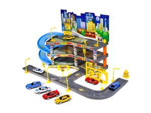 Kidplokio Die Cast City Parking Garage Vehicle Playset with 4 Diecast Cars, Boys Ages 3+