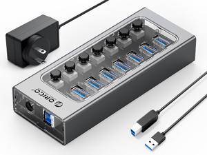 ORICO USB Hub 3.0 Powered 7 Ports USB Data Hub with 12V2A Power Adapter, Individual Power Switches, and LEDs, USB Extension for iMac Pro, MacBook Air/Mini, PS4, Surface Pro, Notebook PC, Laptop, HDD
