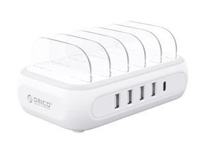 ORICO 4 USB Ports and 1 Type-C Port Charger Station Dock with Phone Tablet Holder 40W Removeable Phone Stand for iPhone Samsung Huawei Xiaomi White