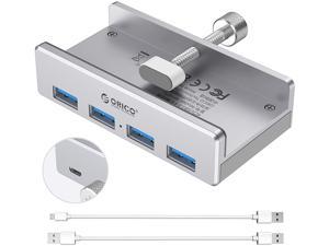 ORICO Powered USB Hub Type C to USB 3.0 Adapter with 4 USB 3.0 Ports, Compact Space-Saving Mountable Aluminum USB Hub, Fast Speed Transfer with Type C to Type A Data Cable, Clamp Design for Desktop