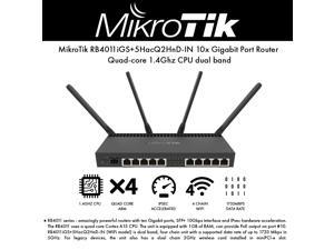 Mikrotik RB4011iGS+5HacQ2HnD-IN 10x Gigabit port router with a Quad-core 1.4Ghz CPU, SFP+ 10Gbps cage, dual band 2.4GHz / 5GHz 4x4 MIMO 802.11a/b/g/n/ac