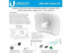 Ubiquiti LiteBeam AC Gen2 LBE-5AC-Gen2 IEEE 802.11ac 450 Mbit/s Wireless Bridge Ubiquiti LiteBeam AC Gen2 LBE-5AC-Gen2 IEEE 802.11ac 450 Mbit/s Wireless Bridge