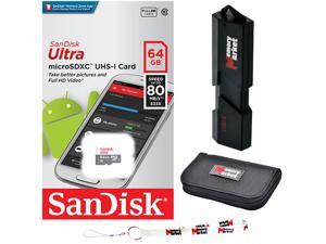 SanDisk Ultra 64GB MicroSD XC Class 10 UHS-1 Mobile Memory Card (SDSQUNS-064G) with ultra high speed USB 3.0 MemoryMarket MicroSD & SD Memory Card Reader, Memory Card Wallet and Lanyard