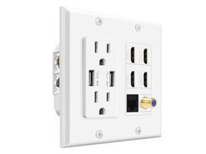 Media Wall Plug Outlet Plate 2 Gang White w/ 2 USB Outlet, 15A Dual Power Outlet, 4x HDMI Port, Cat6 Rj45 Ethernet Port, Coaxial Cable Outlet Audio Panel Coupler Panel Mount Keystone Jack