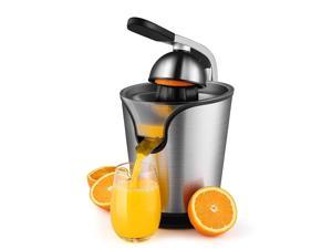 Hand Press Electric Citrus Orange Juicer Squeezer Machine - Motorized Pulp Control 160 Watt Juice Maker Extractor - Ergonomic Design Stainless Steel Stand with Rubber Handle and Cone Lid