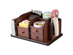Wooden Desk Organizer w/ Drawers - Classic Wood Office Supplies Accessories Desktop Tabletop Sorter Shelf Rack Cherry Brown Pencil Holder Caddy Set with 3 Drawers, 3 Compartments & 2 Shelves