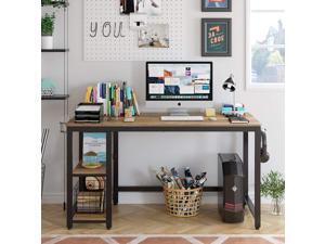 55" Industrial Computer Desk for Home Office, Wood Study Writing Desk with 2 Shelves, Large PC Desk Workstation Gaming Table with Sturdy Metal Frame, Rustic Brown 55" Industrial Computer Desk for Home Office, Wood Study Writing Desk with 2 Shelves, Large PC Desk Workstation Gaming Table with Sturdy Metal Frame, Rustic Brown