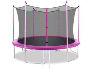 14FT Trampoline with Enclosure Net Outdoor Jump Rectangle Trampoline - ASTM Approved-Combo Bounce Exercise Trampoline with Ladder ,PVC Spring Cover Padding for Kids and Adults,Pink