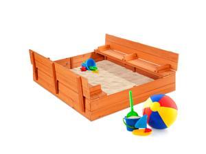 Best Choice Products 47x47-Inch Kids Wooden Outdoor Sandbox w/ 2 Foldable Bench Seats, Sand Protection, Liner - Brown Best Choice Products 47x47-Inch Kids Wooden Outdoor Sandbox w/ 2 Foldable Bench Seats, Sand Protection, Liner - Brown