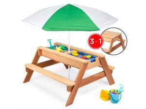Best Choice Products Kids 3-in-1 Outdoor Convertible Wood Activity Sand & Water Picnic Table w/ Umbrella, 2 Play Boxes Best Choice Products Kids 3-in-1 Outdoor Convertible Wood Activity Sand & Water Picnic Table w/ Umbrella, 2 Play Boxes