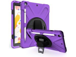 iPad 7 8 10.2 Gen Case, Heavy Duty Shield Stand Carrying Handstrap Shoulder Sling Protection Cover Tempered Glass Screen Protector For Apple iPad 10.2-inch 7th 8th Gen (Purple)