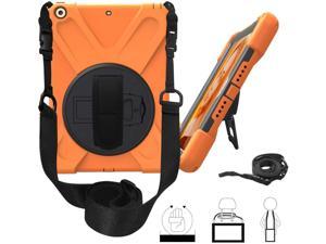 iPad 9.7 Case, Fits 2017(5th) 2018 (6th) Gen, Shockproof Heavy Duty Case Cover, Stand, Hand Strap, Tempered Glass Screen Protector, Shoulder Sling, For Apple iPad 5th 6th Gen (Orange)