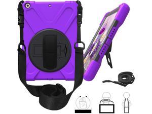 iPad 9.7 Case, Fits 2017(5th) 2018 (6th) Gen, Shockproof Heavy Duty Case Cover, Stand, Hand Strap, Tempered Glass Screen Protector, Shoulder Sling, For Apple iPad 5th 6th Gen (Purple)