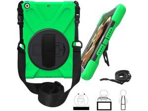 iPad 9.7 Case, Fits 2017(5th) 2018 (6th) Gen, Shockproof Heavy Duty Case Cover, Stand, Hand Strap, Tempered Glass Screen Protector, Shoulder Sling, For Apple iPad 5th 6th Gen (Green)