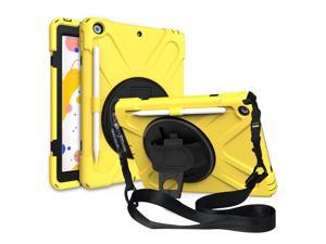 iPad 10.2 8th 7th Gen Case, Shockproof Heavy Duty Dual-Layer Protection Pencil Loop Holder Hand/Palm Secure Grip Carry Shoulder Strap Sling for Apple iPad 10.2 2019/2020 (Yellow)