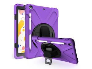 iPad 10.2 8th 7th Gen Case, Shockproof Heavy Duty Dual-Layer Protection Pencil Loop Holder Hand/Palm Secure Grip Carry Shoulder Strap Sling for Apple iPad 10.2 2019/2020 (Purple)