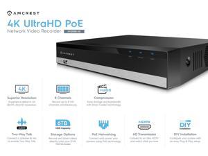 Network Video Recorder Amcrest 4K NV5208E-2TB Pre-Installed 2TB Hard Drive 8-Port PoE 8CH 1080P/3MP/4MP/5MP/6MP/4K/12MP - Supports up to 8 x 4K IP Cameras 