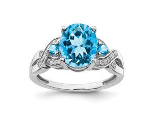 925 Sterling Silver Rhodium Oval Diamond and Blue Topaz Ring Size 7