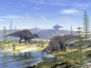 Ouranosaurus dinosaurs looking for water Poster Print by Elena DuvernayStocktrek Images (16 x 12)
