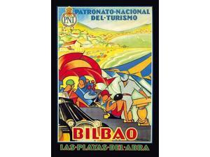Travel poster for Bilbao in the Basque region of Spain promoted for tourism by El Patronato Nacional de Turismo (1928-1932) The poster is full of vibrant colors and happy people on a beach vacation P Travel poster for Bilbao in the Basque region of Spain promoted for tourism by El Patronato Nacional de Turismo (1928-1932) The poster is full of vibrant colors and happy people on a beach vacation P