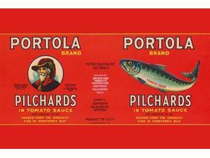 A can label for Portola Brand Pilchards in tomato sauce  These little fish were packed in Monterey Bay California Poster Print by Unknown (18 x 24)