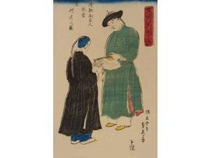 Japanese print shows two Chinese men admiring a folding fan from Koshu (Hangzhou China) From series entitled Ikiutsushi ikoku jinbutsu (Life sketch of foreigners) Done by Sadahide Utagawa (1807-1873 Japanese print shows two Chinese men admiring a folding fan from Koshu (Hangzhou China) From series entitled Ikiutsushi ikoku jinbutsu (Life sketch of foreigners) Done by Sadahide Utagawa (1807-1873