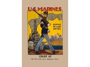 Poster showing a marine in dress uniform marching along a dock with ship fort and city skyline in the background Bottom reads Enlist at 203 12 West Holly Street Bellingham Wash  Poster Print by Sidney