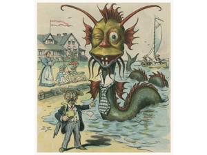 Print shows a surprised man pointing to a sea serpent  Art by Frederick Burr Opper 1857-1937  1895 July 31 Poster Print by Frederick Burr Opper (18 x 24)