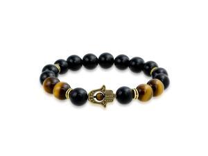Stackable Brown Tiger Eye Black Onyx Round Bead Hamsa Hand Stretch Beads Bracelet For Women Men Teen Gold Plated Metal