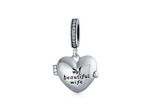 Personalized Words Saying Both Sides Saying MY BEAUTIFUL WIFE Dangle Heart Locket Charm Bead For Women Momenta Holder For Wife Oxidized .925 Sterling Silver