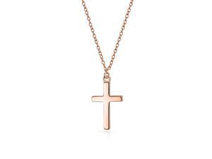 Delicate Small Latin Cross Pendant Necklace For Women Flat Polished Rose Gold Plated Sterling Silver 16 In Chain .5In