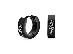 Tiny Asian Style Dragon Black Huggie Hoop Kpop Earrings For Men Women Laser Etched Ip Plated Stainless Steel
