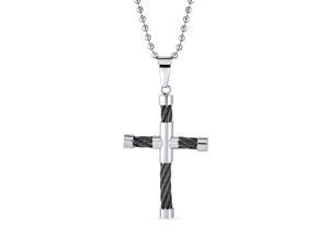 Mens Two Tone Tube Black Cable Cross Pendant Necklace For Men For Teen Black Silver Tone Stainless Steel
