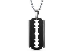 Large Razor Blade Black Beveled Edge Dog Tag Pendant Necklace For Men Stainless Steel 20 Inch