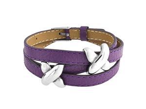 Boho Genuine Purple Leather Love Slide Charm X Kiss Triple Wrap Bracelet Adjustable Belt Buckle For Teen For Women Silver Tone Stainless Steel