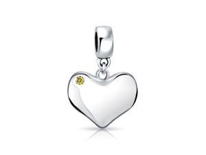 Personalized Engravable Initial Monogram Simulated Yellow Topaz Crystal Accent Heart Shape Dangle Bead Charm .925 Sterling Silver For Women Teen European Bracelet Customizable