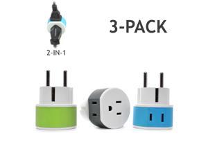 Germany, France, Schuko Power Plug Adapter by OREI with 2 USA Inputs - Travel 3 Pack- Type E/F (US-9) Safe Grounded Use with Cell Phones, Laptop, Camera Chargers, CPAP, and More