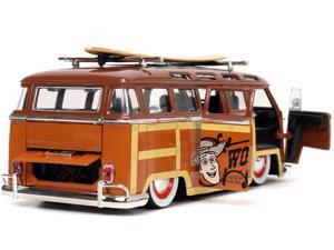Volkswagen T1 Bus Brown with Graphics "Sheriff Woody" and Woody Diecast Figure and Surfboard "Toy Story" (1995) Movie "Hollywood Rides" Series 1/24 Diecast Model Car by Jada