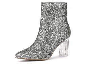 silver booties block heel