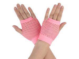 Ladies Magenta Fish Net Fingerless Short Gloves Pair M