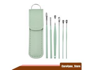 6Pcs Stainless Steel Ear Cleansing Tool Set, Ear Cleaner Ear Care Set, with Faux Leather Packaging, Green