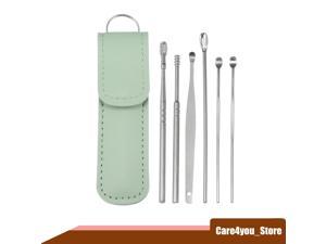 6Pcs Stainless Steel Ear Cleansing Tool Set, Ear Cleaner Ear Care Set, with Faux Leather Packaging Green