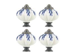 4pcs Ceramic Knobs Vintage Knob Drawer Round Pull Handle Furniture Cupboard Wardrobe Dresser Door Decorative, White + Blue