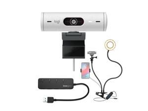 Logitech Brio 500 Webcam with Selfie Ring Light Stand and USB Hub OffWhite