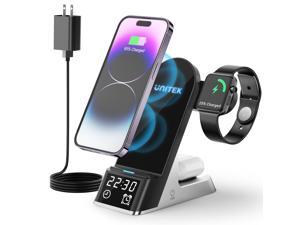Unitek Wireless Charging Station for Multiple Devices, Qi Certified Charger Fast Wireless Charging Stand with Alarm & Clock for iPhone 14/14 plus/14 pro/13/13 Pro/12/11/X/8, iWatch 1-7, AirPods 2/3/4