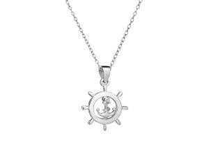 Sterling Silver Nautical Anchor and Ship Steering Wheel Pendant, 18" Chain Sterling Silver Nautical Anchor and Ship Steering Wheel Pendant, 18" Chain